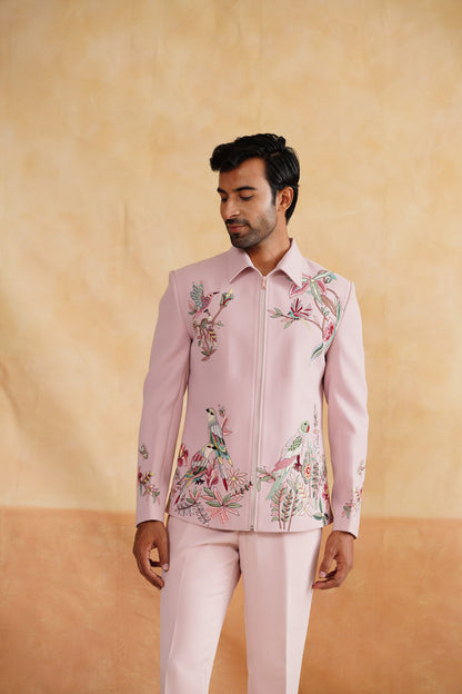 Pink Zip-Up Jacket with Floral & Avian Embroidery