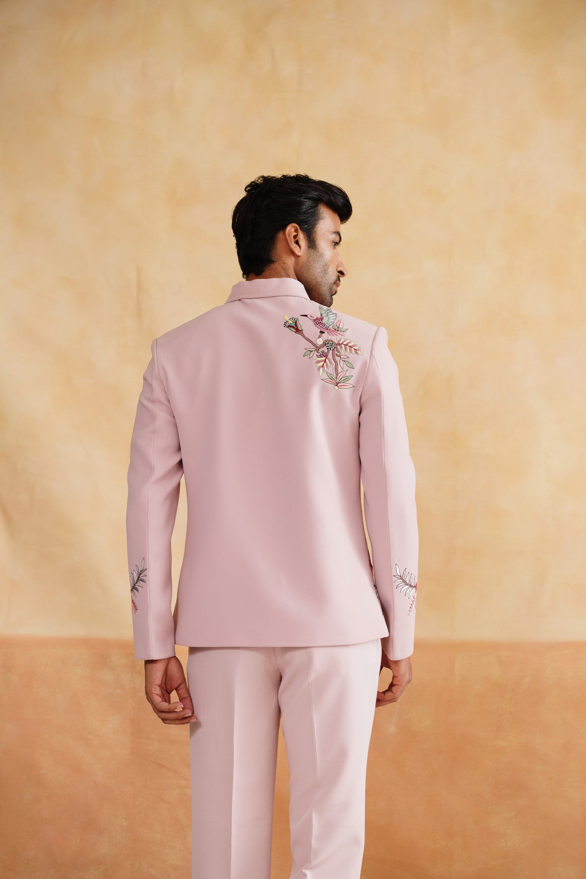 Pink Zip-Up Jacket with Floral & Avian Embroidery