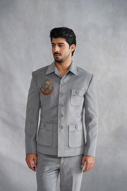 Light Grey Jacket Set with Egyptian Heritage Motif