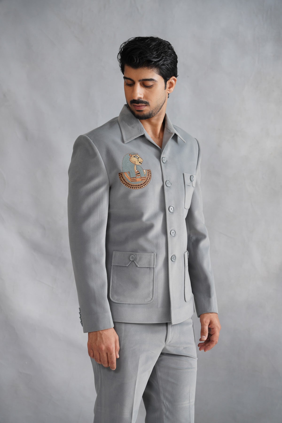 Light Grey Jacket Set with Egyptian Heritage Motif