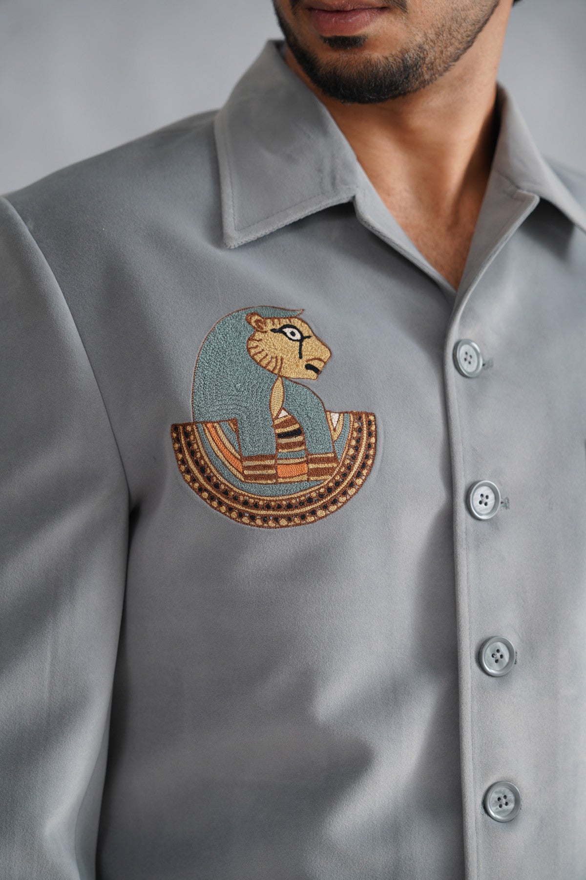 Light Grey Jacket Set with Egyptian Heritage Motif