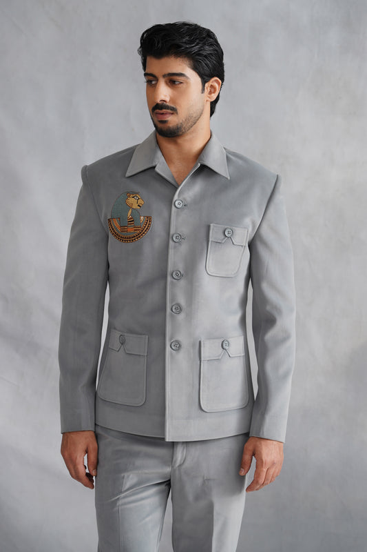 Grey Thread Embroidered Jacket Set