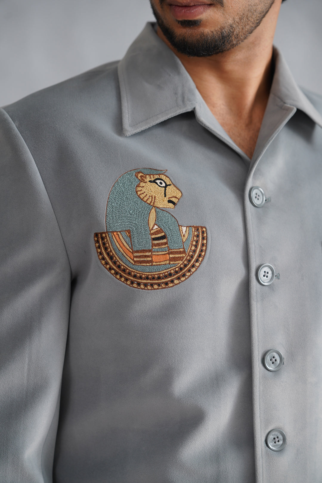 Grey Thread Embroidered Jacket Set