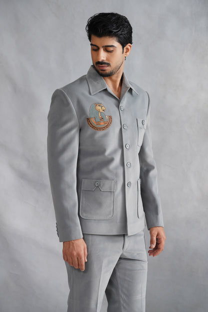 Grey Thread Embroidered Jacket Set