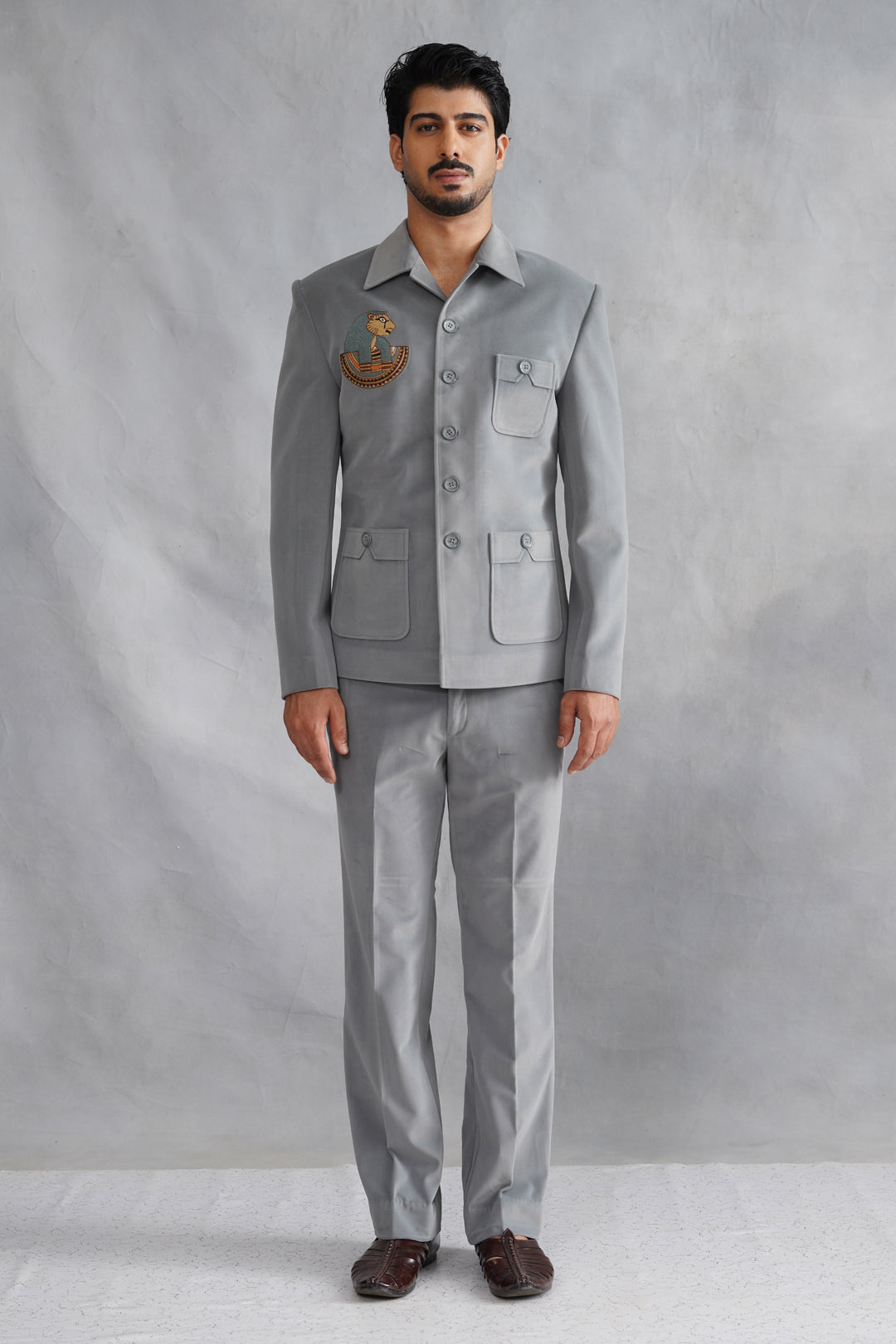 Grey Thread Embroidered Jacket Set