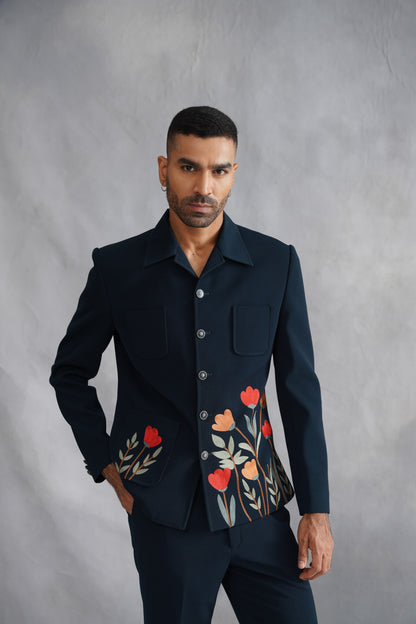Teal Green Button-Down Jacket Set with Floral Embroidery