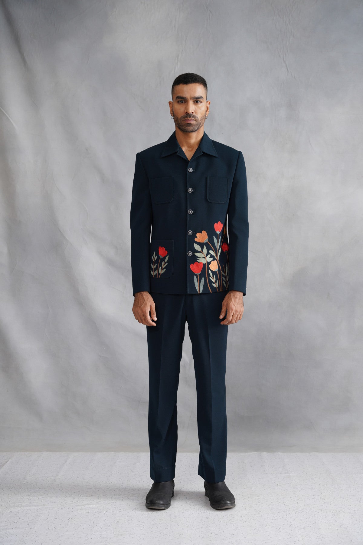 Teal Green Button-Down Jacket Set with Floral Embroidery