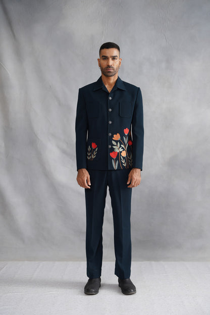 Teal Green Button-Down Jacket Set with Floral Embroidery