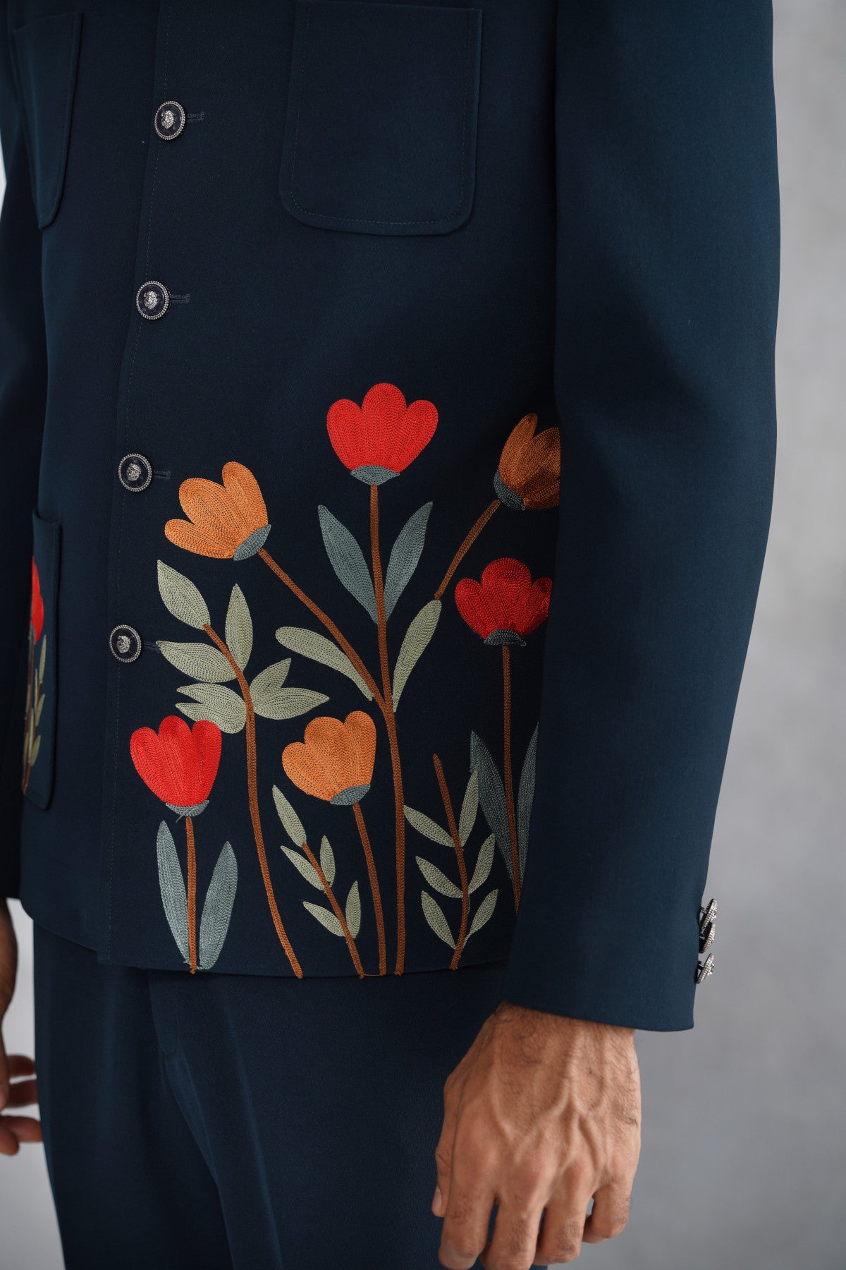 Teal Green Button-Down Jacket Set with Floral Embroidery