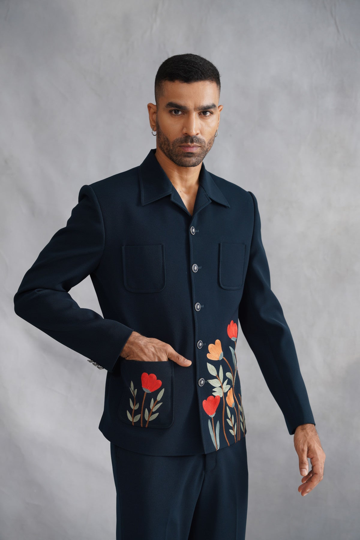Teal Green Button-Down Jacket Set with Floral Embroidery