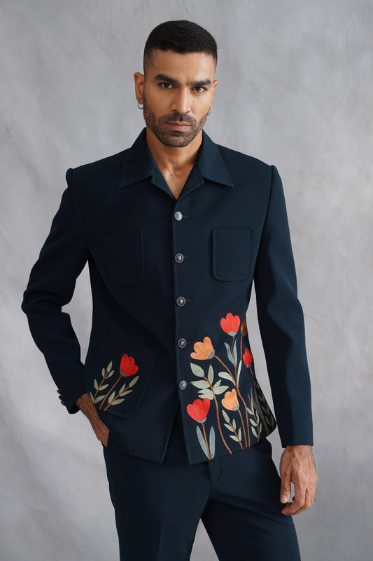 Blue Thread Embroidered Jacket Set