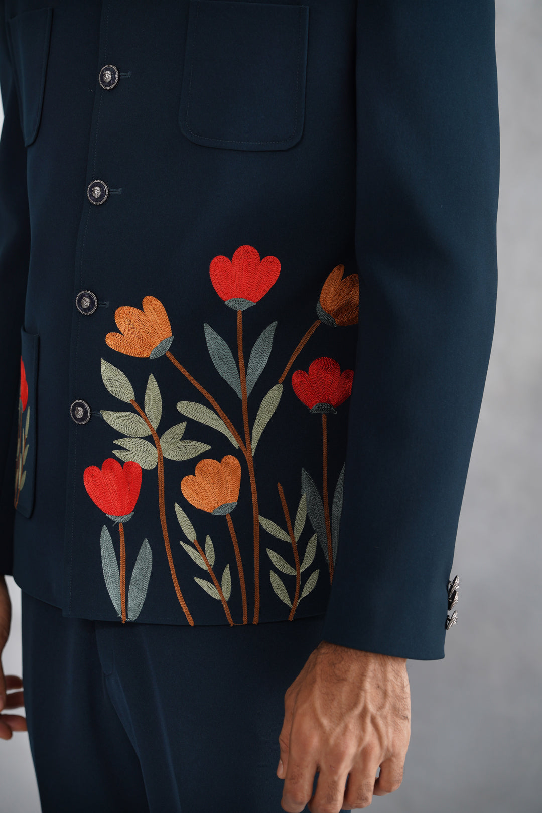 Blue Thread Embroidered Jacket Set