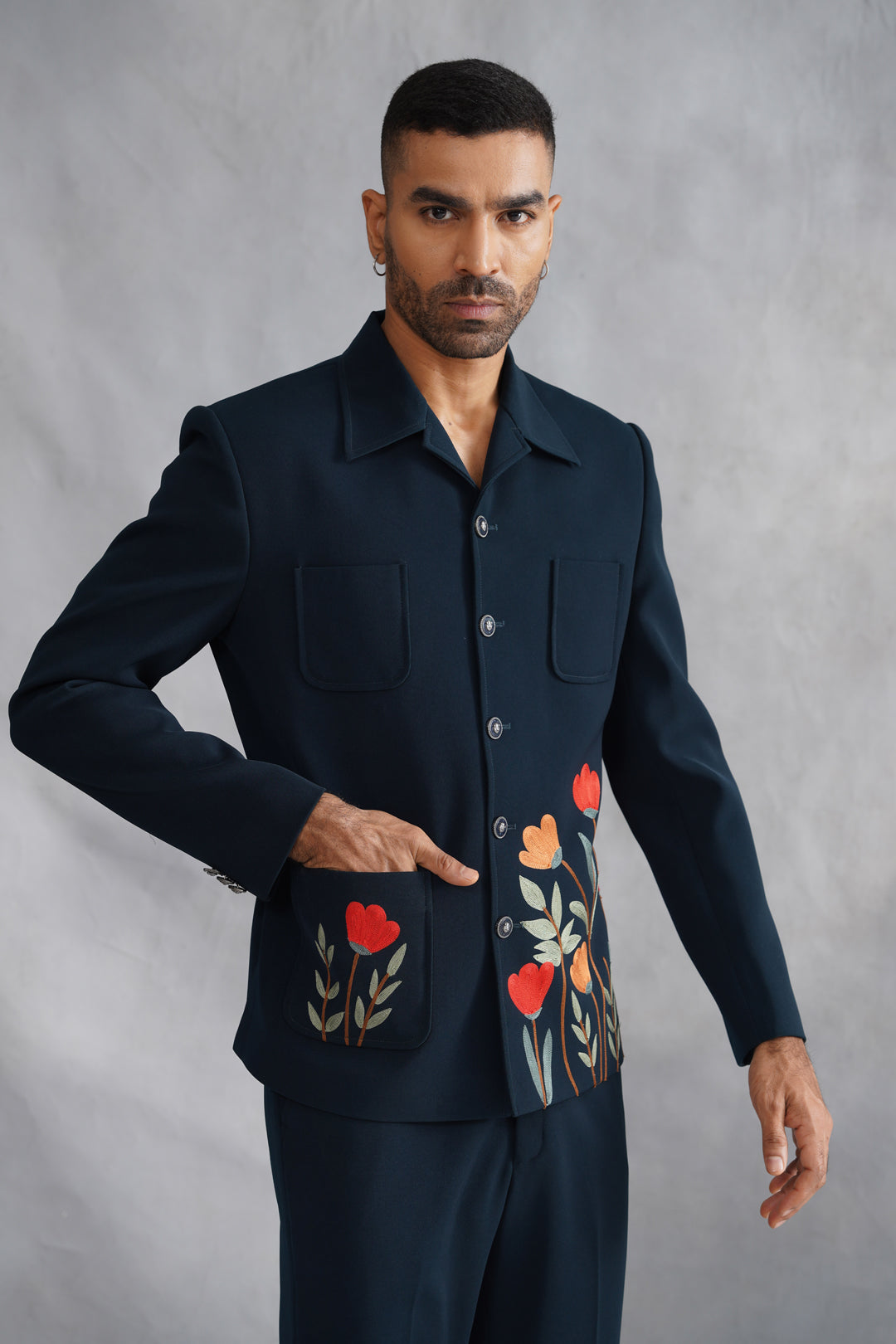 Blue Thread Embroidered Jacket Set