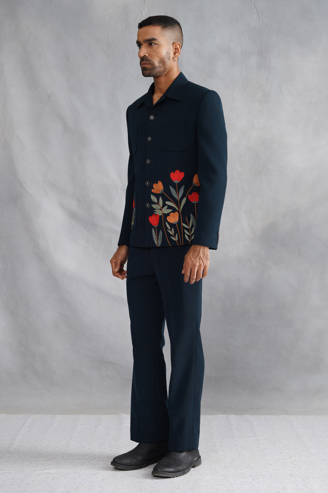 Blue Thread Embroidered Jacket Set