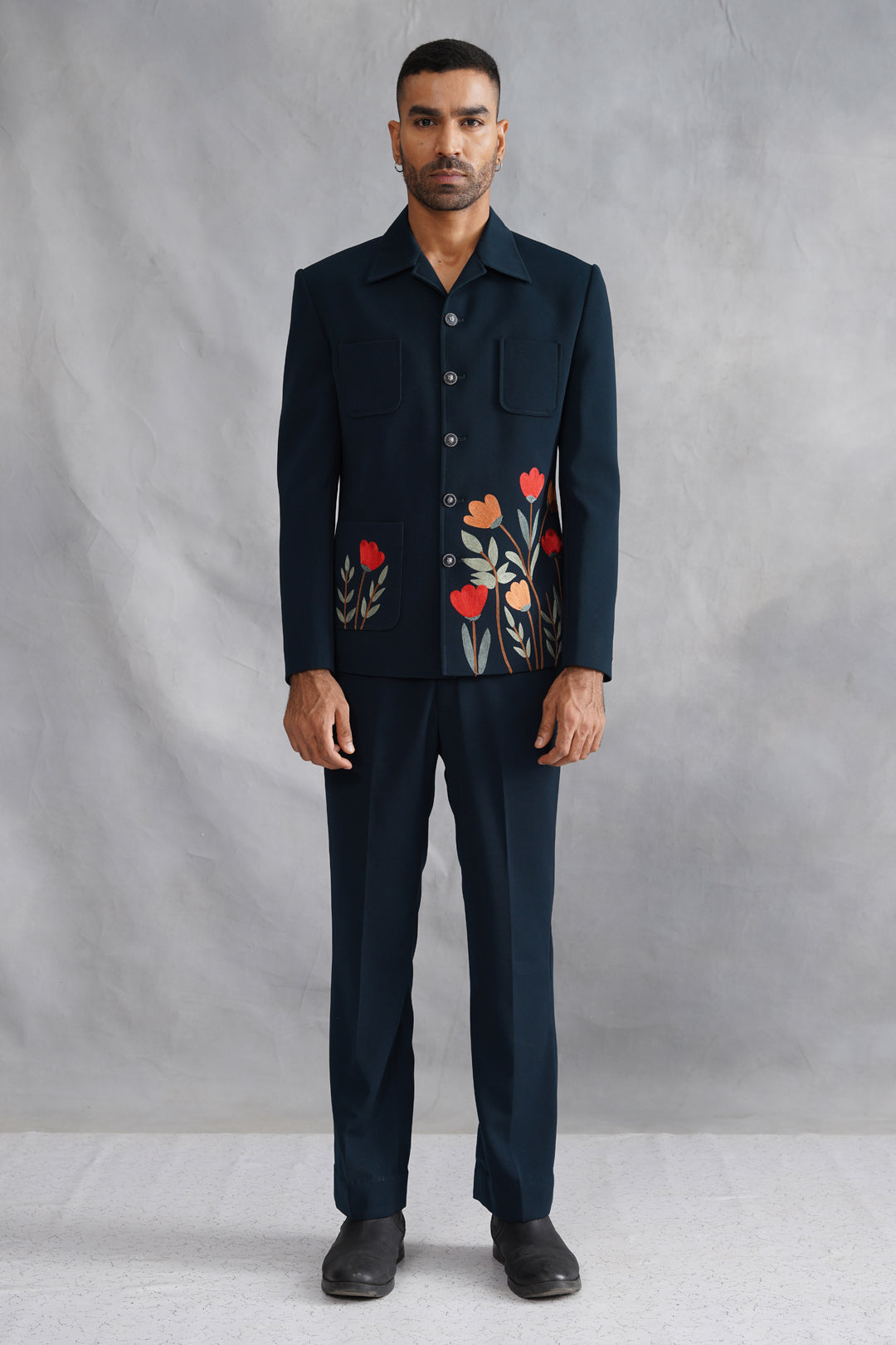 Blue Thread Embroidered Jacket Set