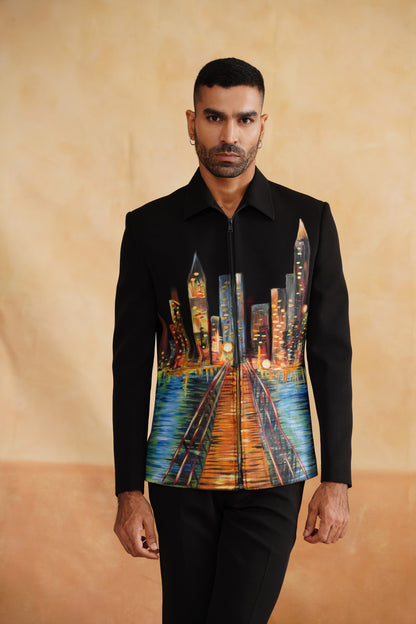 Black Zip-Up Jacket Set with Cityscape Artwork