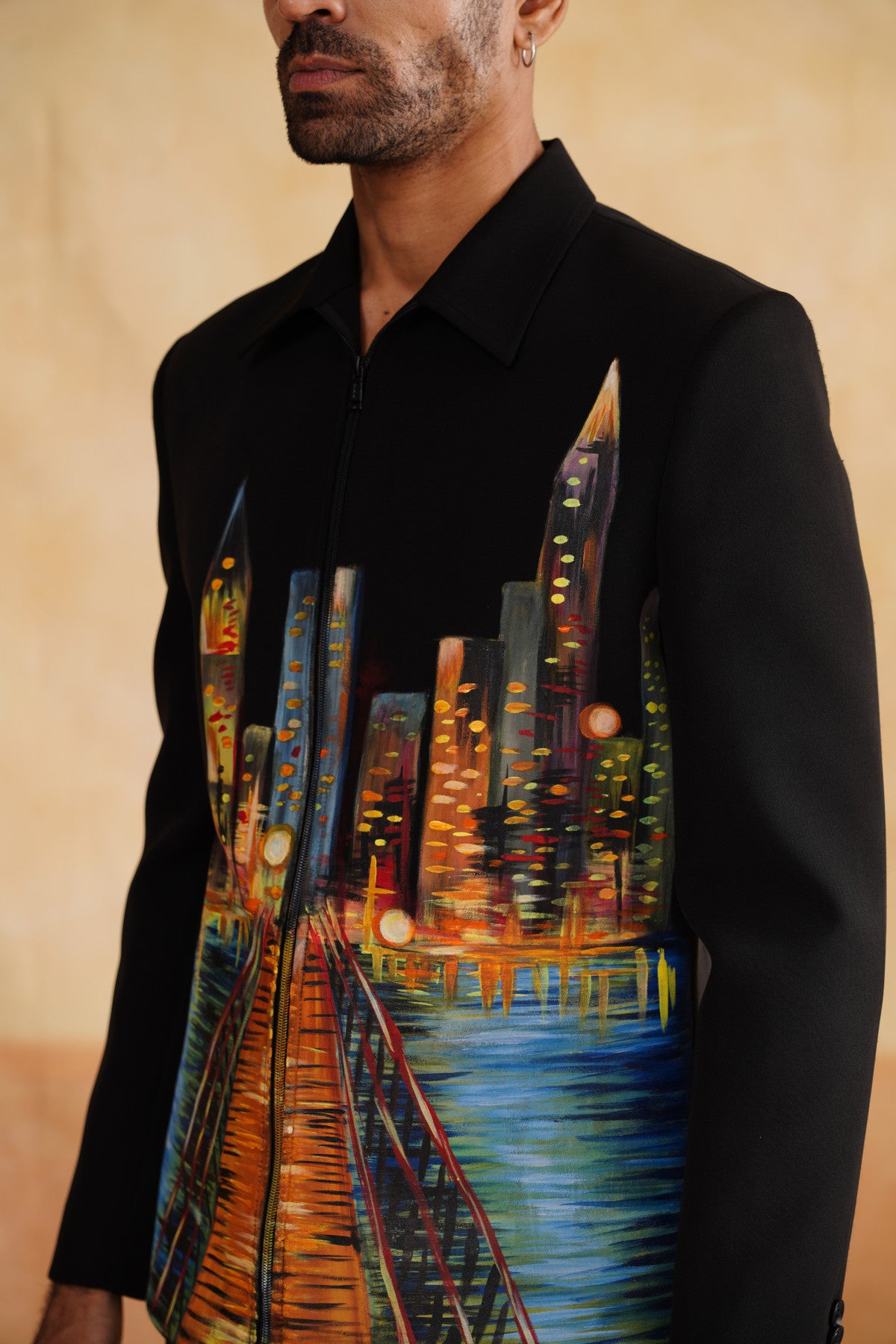Black Zip-Up Jacket Set with Cityscape Artwork