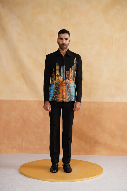 Black Zip-Up Jacket Set with Cityscape Artwork
