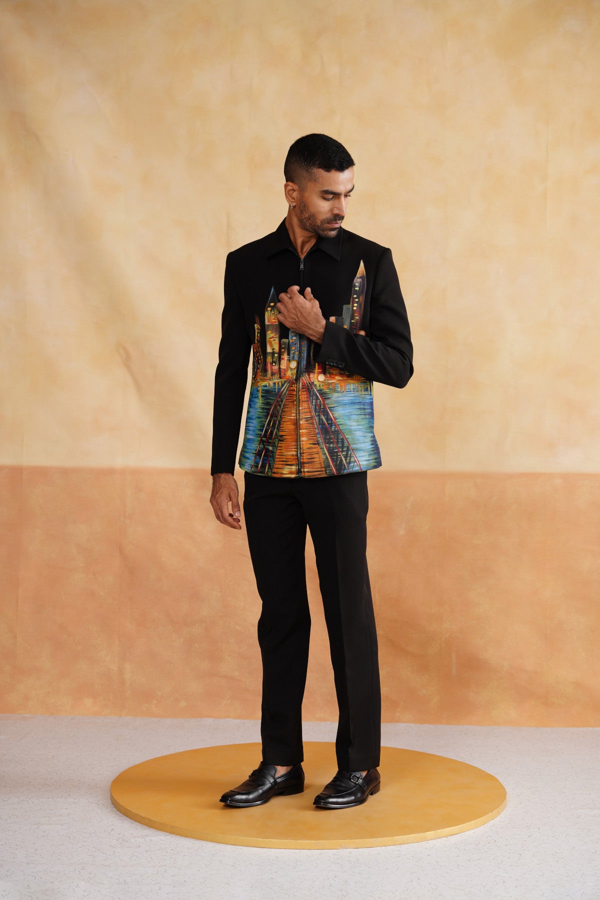 Black Zip-Up Jacket Set with Cityscape Artwork