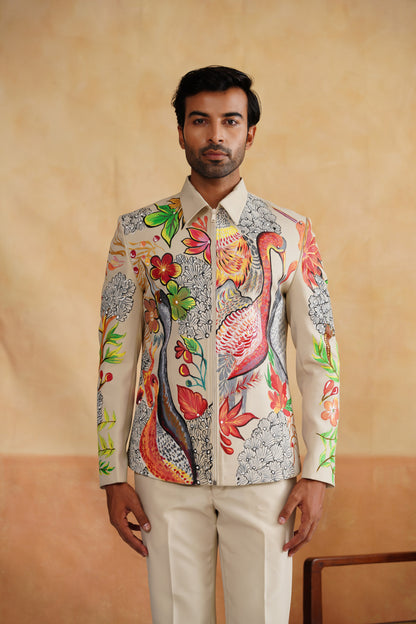 Beige Jacket Set with Vibrant Floral & Avian Artwork