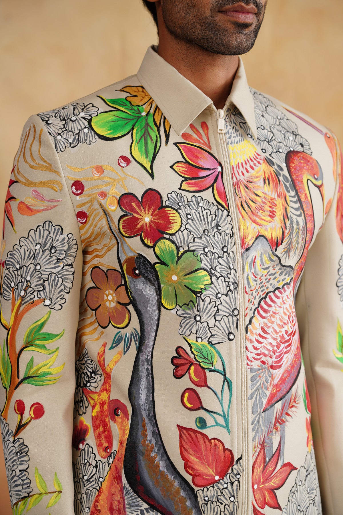 Beige Jacket Set with Vibrant Floral & Avian Artwork