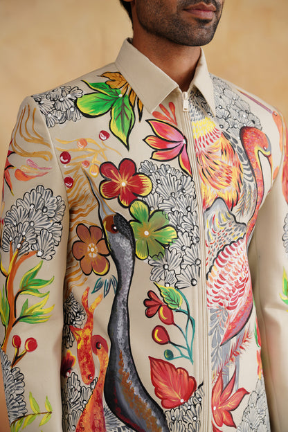 Beige Jacket Set with Vibrant Floral & Avian Artwork