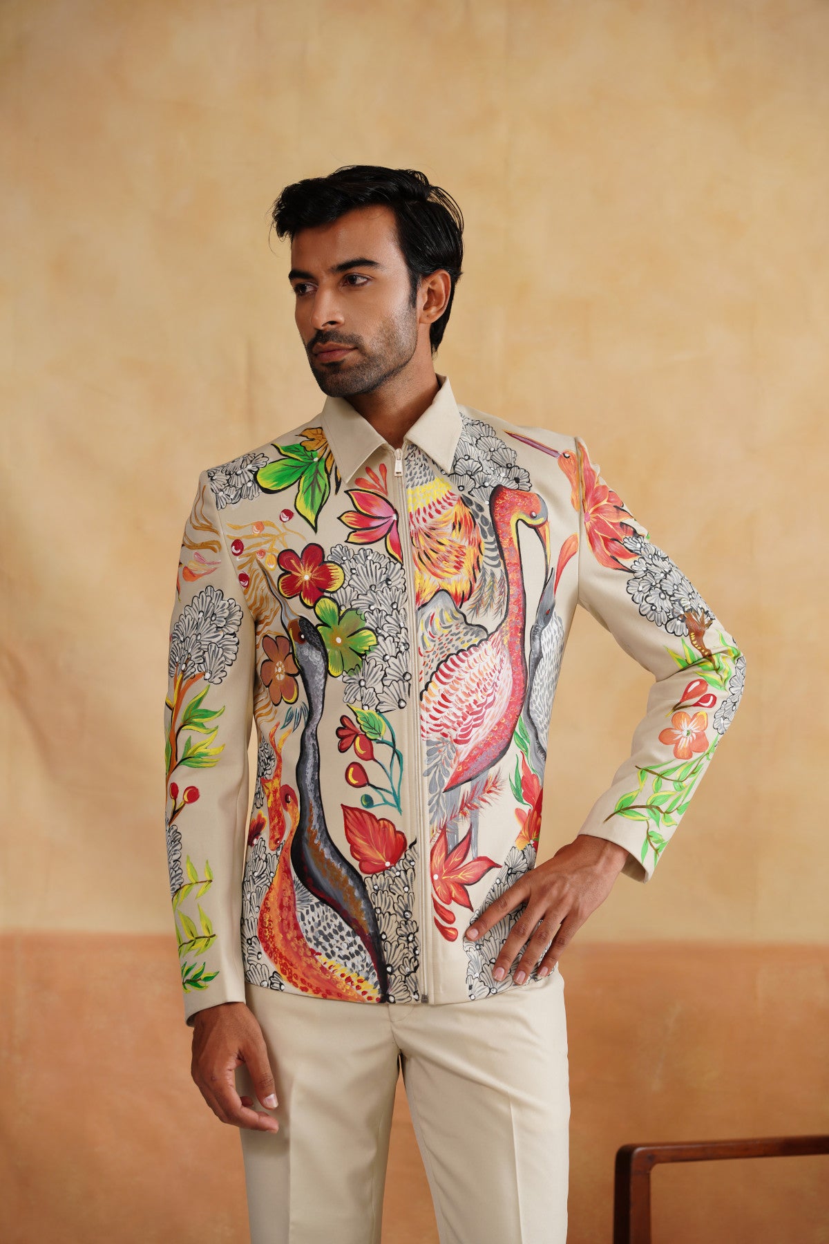 Beige Jacket Set with Vibrant Floral & Avian Artwork