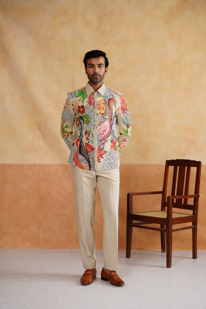 Beige Jacket Set with Vibrant Floral & Avian Artwork