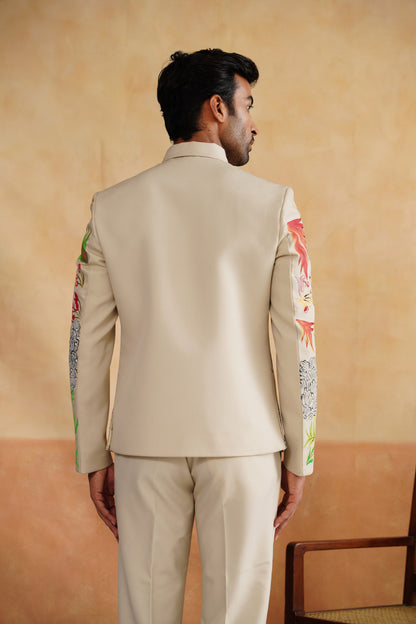 Beige Jacket Set with Vibrant Floral & Avian Artwork