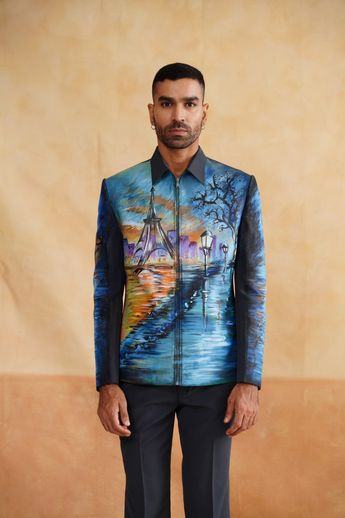 Grey Hand-Painted Parisian Twilight Zip-Up Jacket Set