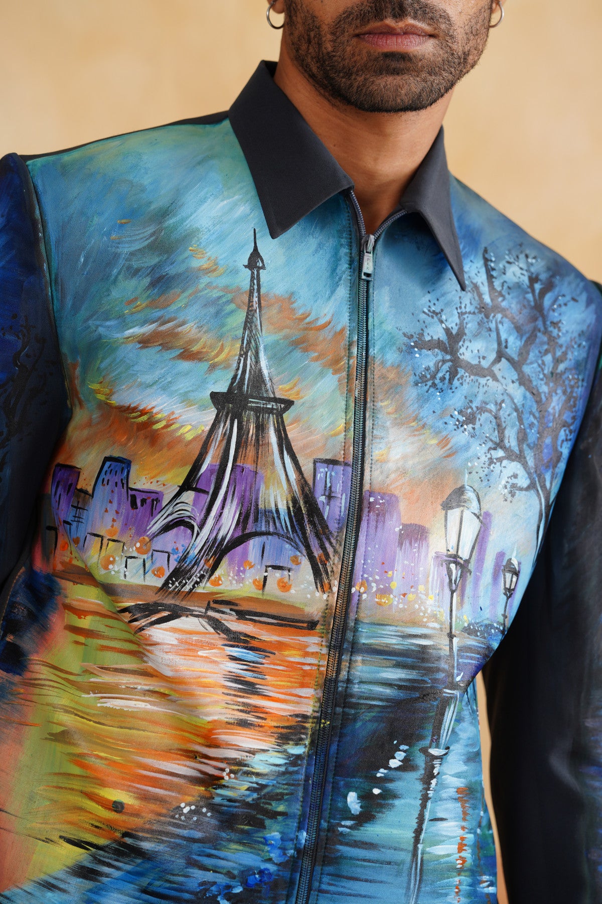 Grey Hand-Painted Parisian Twilight Zip-Up Jacket Set