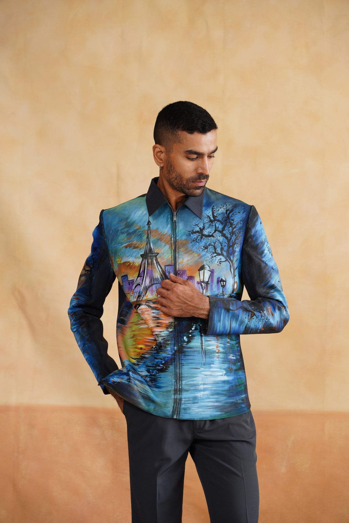 Grey Hand-Painted Parisian Twilight Zip-Up Jacket Set