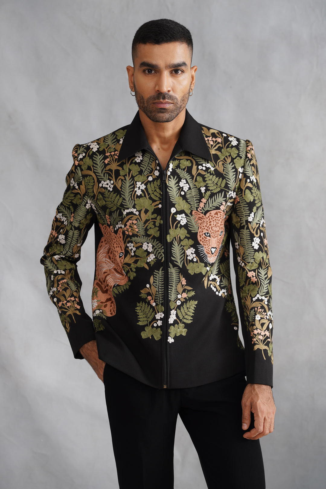 Black Thread Embroidered Jacket Set