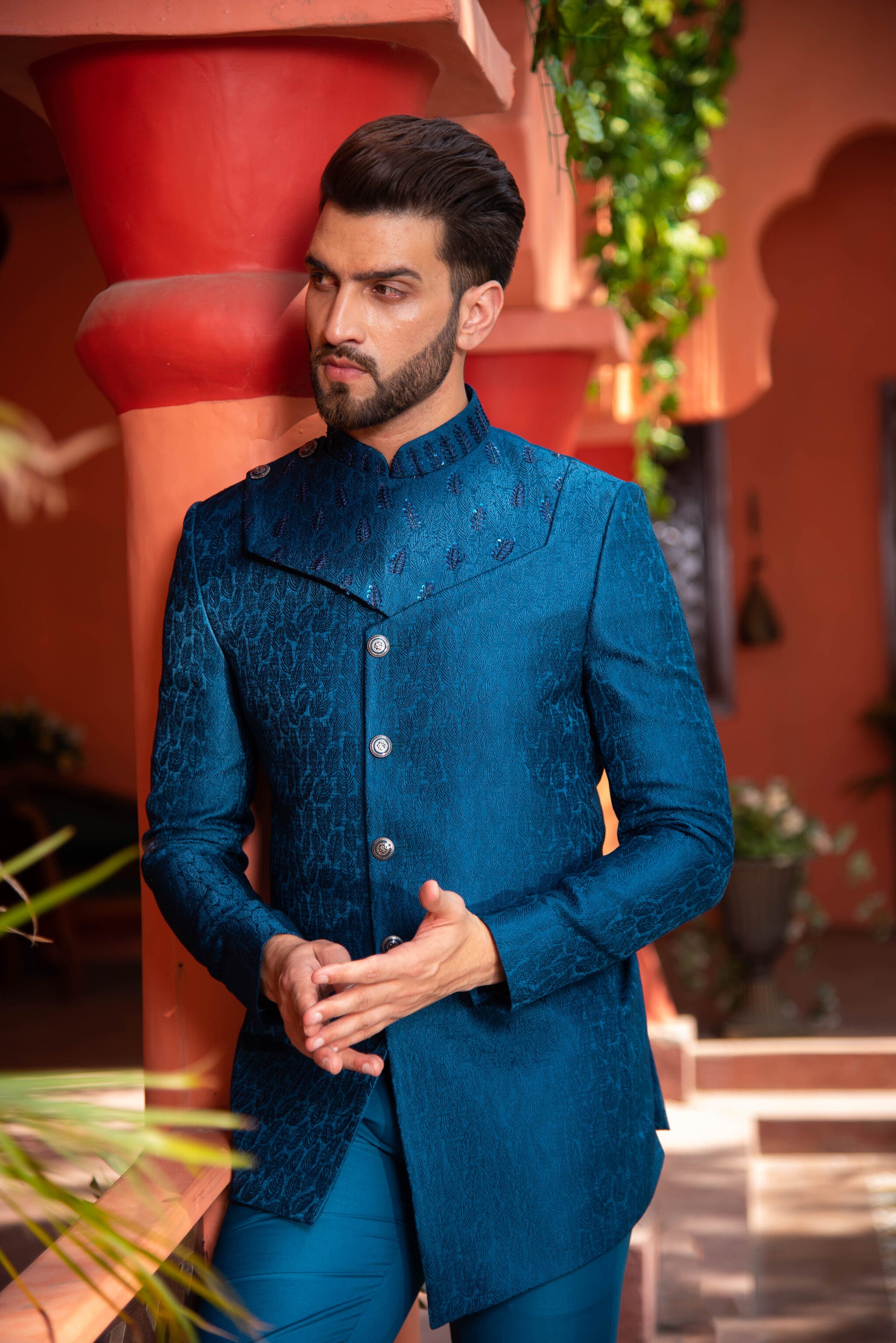 Blue Sequins Embroidered Bandhgala on Woven silk 36