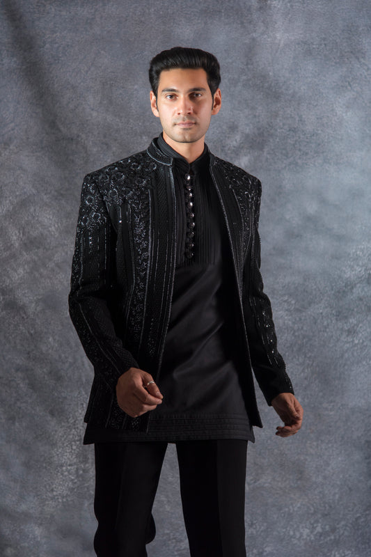 Buy black indowestern for men zardosi embroidery