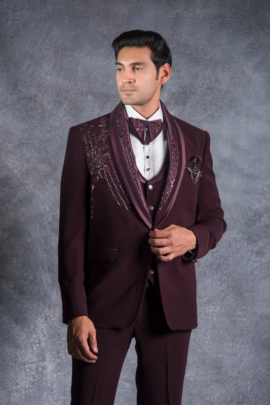 Buy wine tuxedo for men embroidered suit online