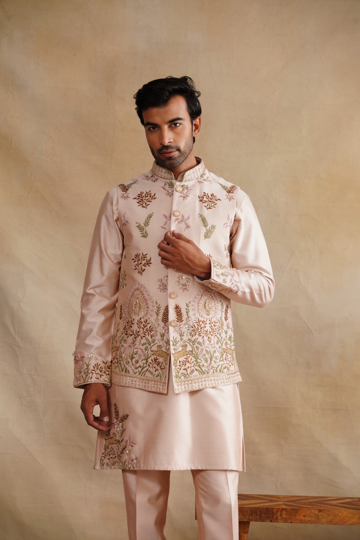 Pastel Pink Waistcoat Kurta Set with Botanical & Deer Embroidery
