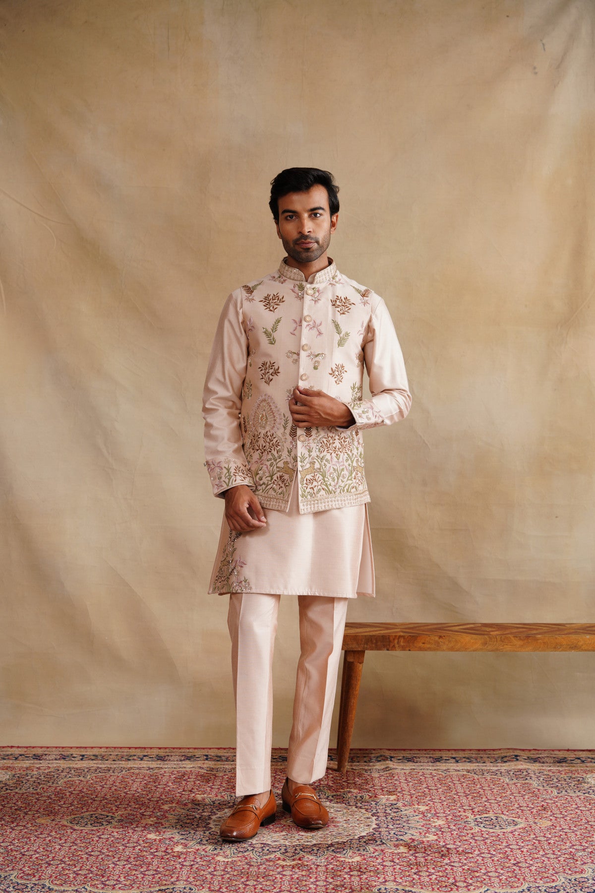 Pastel Pink Waistcoat Kurta Set with Botanical & Deer Embroidery