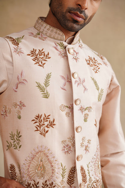 Pastel Pink Waistcoat Kurta Set with Botanical & Deer Embroidery