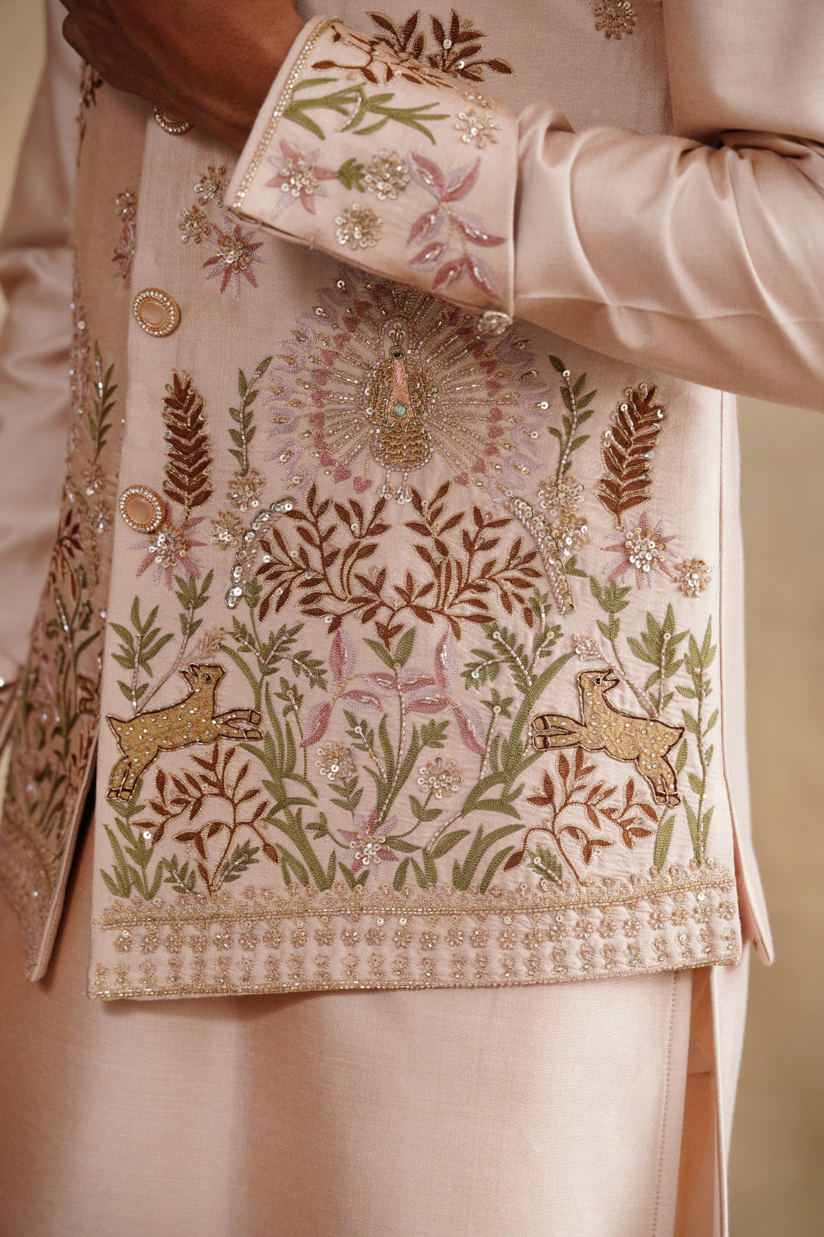 Pastel Pink Waistcoat Kurta Set with Botanical & Deer Embroidery