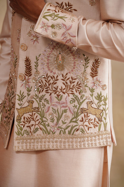 Pastel Pink Waistcoat Kurta Set with Botanical & Deer Embroidery