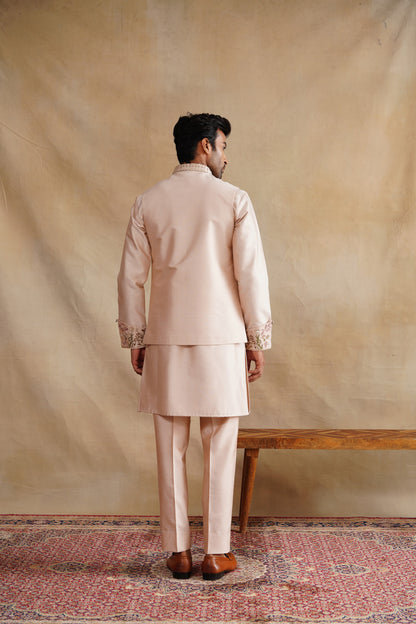 Pastel Pink Waistcoat Kurta Set with Botanical & Deer Embroidery