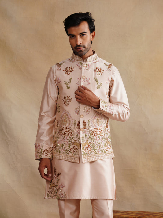 Light Pink Zardozi and Thread Embroidered Waist Coat Kurta Set on Silk