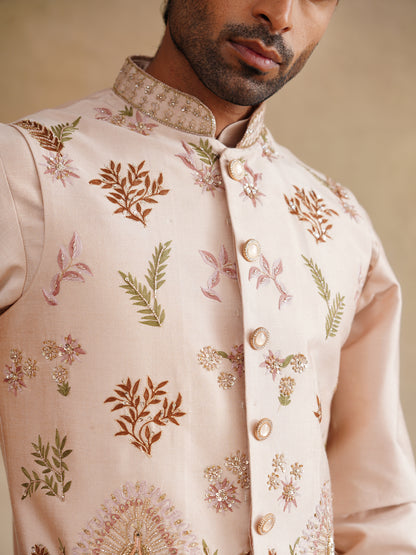 Light Pink Zardozi and Thread Embroidered Waist Coat Kurta Set on Silk