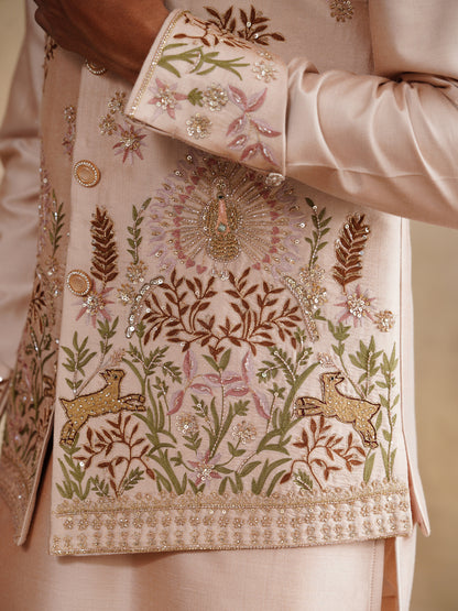 Light Pink Zardozi and Thread Embroidered Waist Coat Kurta Set on Silk