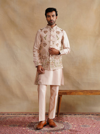 Light Pink Zardozi and Thread Embroidered Waist Coat Kurta Set on Silk