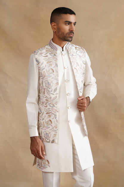 White Thread Embroidered Waist Coat Kurta Set on silk