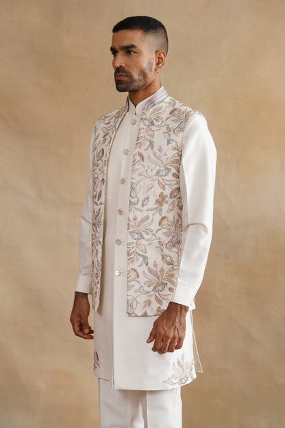 White Thread Embroidered Waist Coat Kurta Set on silk