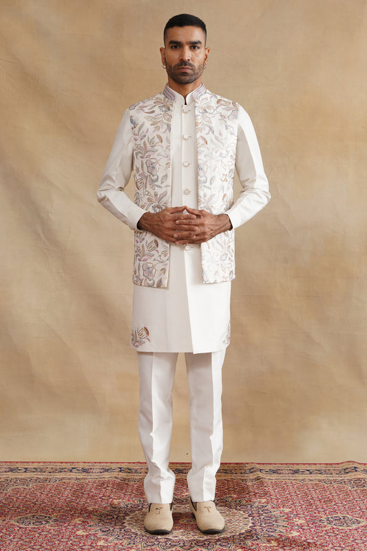 White Thread Embroidered Waist Coat Kurta Set on silk