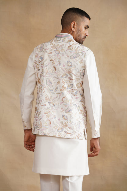 White Thread Embroidered Waist Coat Kurta Set on silk